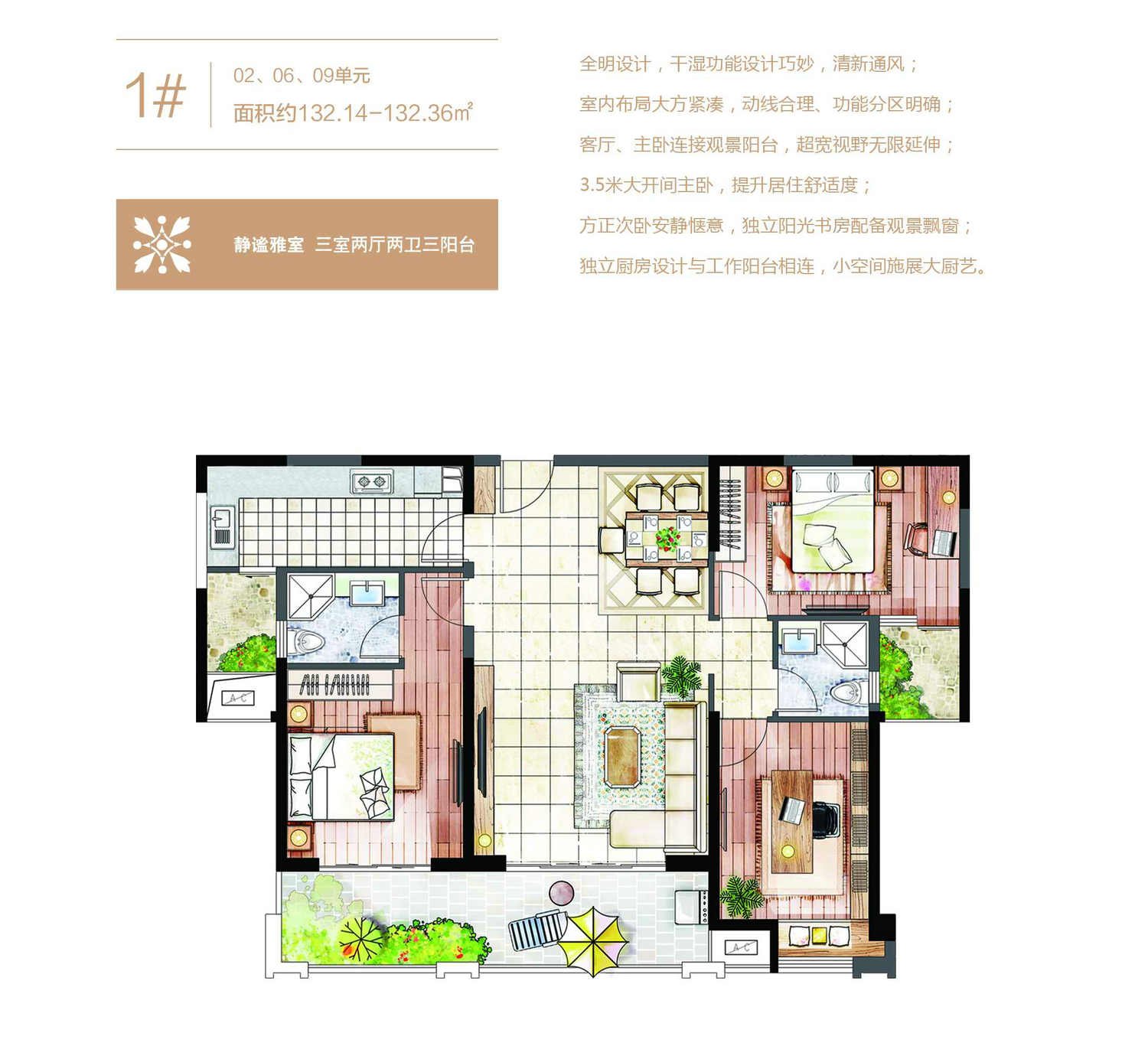 上悦城户型图1#户型图,132.14-132.36平三房两厅两卫