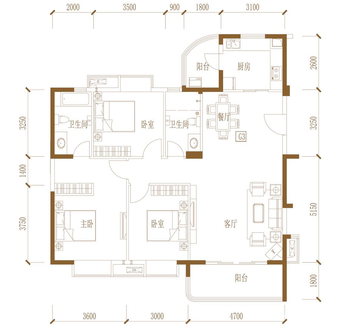 G1户型：建面约134㎡（8#）